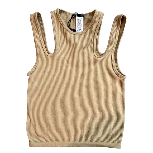 Zara Women Top M/L cutouts Ribbet Tan/cammel color  Poly Blend Sl - Picture 1 of 6